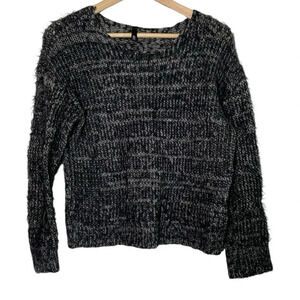 Elan Women's Medium Chunky Sweater Black Gray Marled Fuzzy Round Neck Whimsy